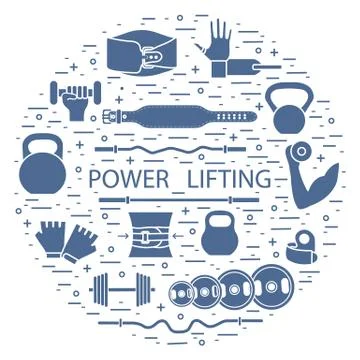 Weightlifting training objects arranged in a circle. Stock Illustration