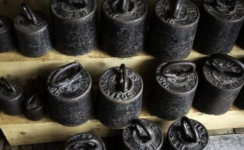 Weights of different metal sizes, objects and measurements Stock Photos