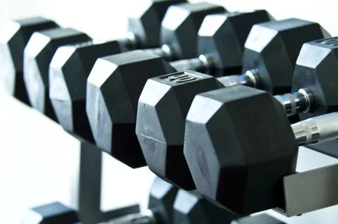 Weights of a gym diffrent sizes and weights Stock Photos