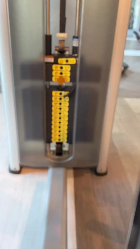 Weights rising and falling from the inner outer thigh machine weight stack Stock Footage 317333313