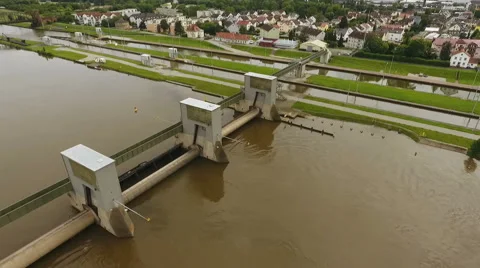 Weir and sluice, River Main - Wehr und Schleuse Kostheim Stock Footage 64526948