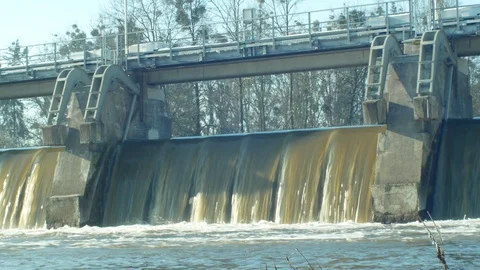 Weir On Morava River, Hydro-electric Power Station, in winter frozen water Stock Footage 104070429