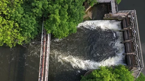 Weir on river, stream of white foamy water flowing between green trees Stock-Footage 156691397