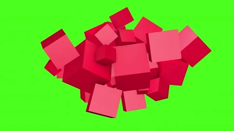 Weird 3D animation of red color cubes shapes on a green screen. Stock Footage 242353003