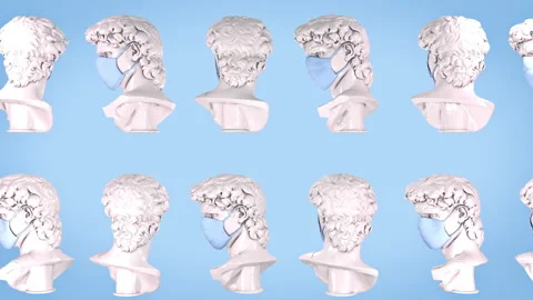 Weird Animated Background With Classic Antique Statues Wearing Medical Masks Video stock 220893335