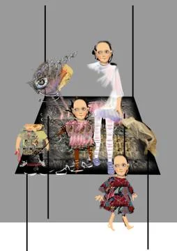 Weird children standing on a huge table, abstract raster illustration over a Stock Illustration