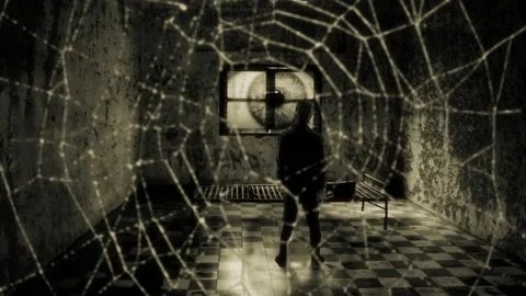 Weird Eye Stares Man Inside Spooky Room Zoom In Spiderweb, Retro Style Stock Footage 212452218