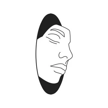 Weird human face mask out of black hole Y2k comic monochrome outline icon v.. Stock Illustration