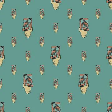 Weird Man Head Drawing Seamless Pattern Stock Illustration
