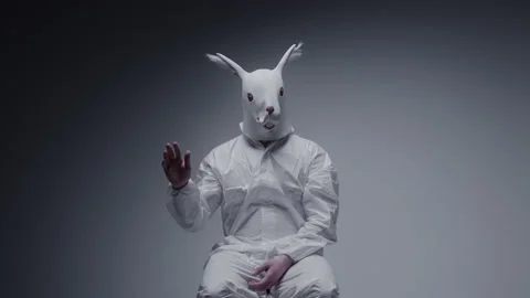 Weird, masked man in a white rabbit suitwaving to camera. Stock Footage 148487768