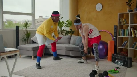 Weird retro unfit sportsmen doing exercises in wrong funny way. Comical diverse Stock Footage