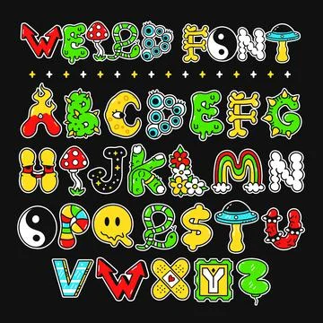 Weird trippy psychedelic style font,letters,abc.Vector hand drawn doodle cartoon Stock Illustration