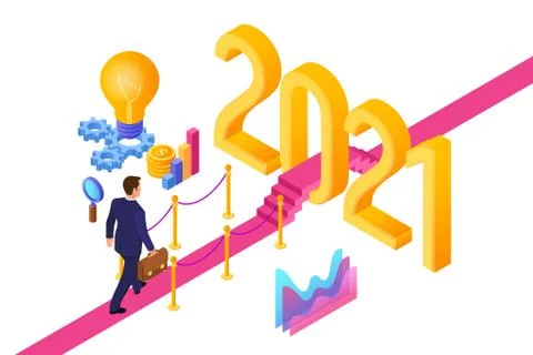 Welcome 2021. New Year. Path to New Year. Businessman with briefcase in hand  Illustrazione stock