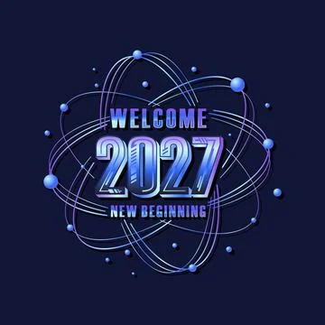 Welcome 2027 New Beginning with Metallic Text and Futuristic Atomic Wire St.. Stock Illustration
