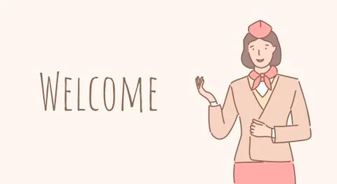 Welcome aboard vector banner design. Stewardess welcoming you to the airplane Stock Illustration