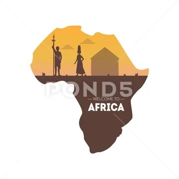 Welcome to Africa Banner Template, African Map with Silhouettes of Native Tribal Stock Illustrationen