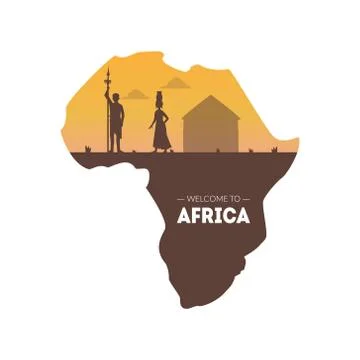 Welcome to Africa Banner Template, African Map with Silhouettes of Native Tribal Stock Illustration