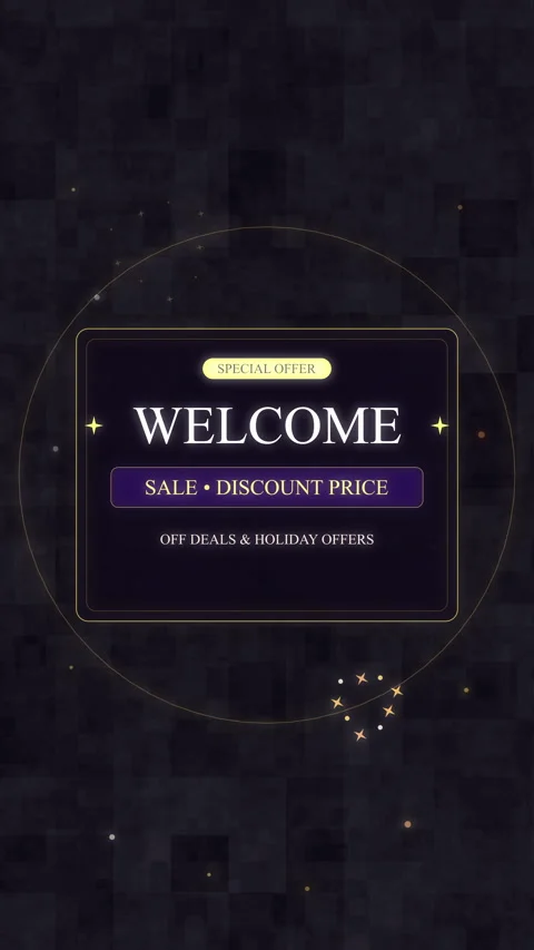 Welcome animation loop with golden particles and dark purple luxury box Vídeo Stock 346649994