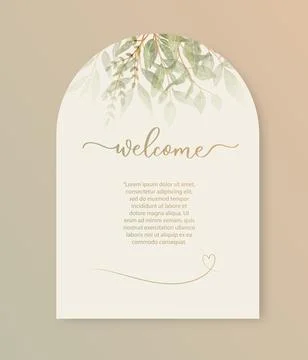 Welcome arch calligraphy card background with green watercolor botanical leav Stock Illustration