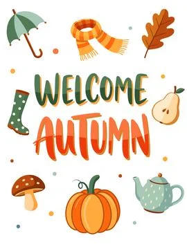 Welcome Autumn flat vector greeting card with seasonal elements Stockillustratie
