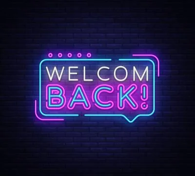 Welcome Back Neon Text Vector. Welcome Back neon sign, design template, modern Stock Illustration