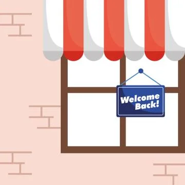 Welcome back re opening label hanging in store window Illustrazione stock