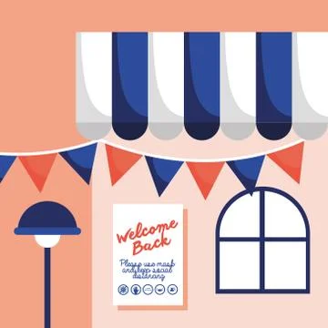 Welcome back re opening poster in store facade and parasol 스톡 일러스트