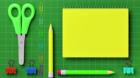 "Welcome Back to School" 3D text with flat lay stationary on green. Stock Footage 342571378