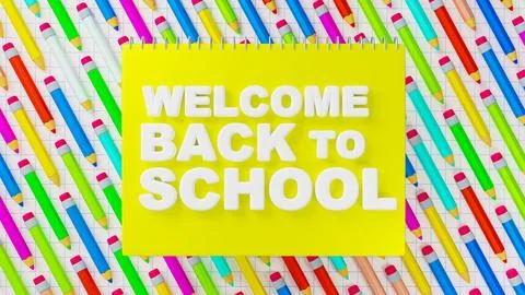Welcome Back to School 3D Text on Colorful Pencils Background Stock Photos