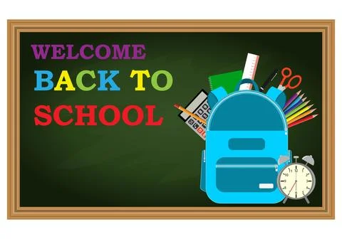 Welcome Back to School Background with Green Chalkboard Blue Backpack Stock Illustration