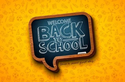 Welcome Back to School Banner Design with Speech Bubble Shape Chalkboard an.. Stock Illustration