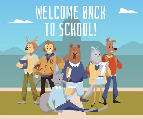 Welcome back to school banner with students animals, flat vector illustration. イラスト素材