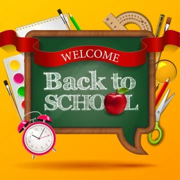 Welcome back to school, blackboard speak bubble with ribbon, red apple, alarm Stock Illustration