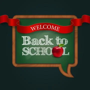 Welcome back to school, blackboard speak bubble with ribbon and red apple Stock Illustration