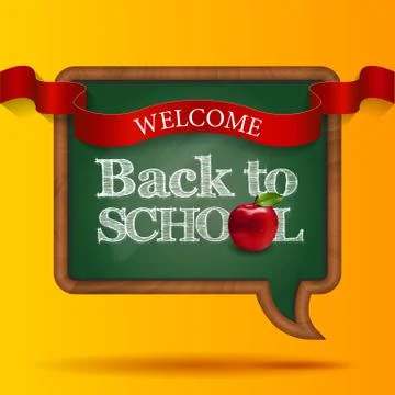 Welcome back to school, blackboard speak bubble with ribbon and red apple Stock Illustration
