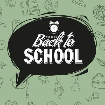 Welcome Back to school bubble poster, pencils, clock alarm clock, retro Stock Illustration