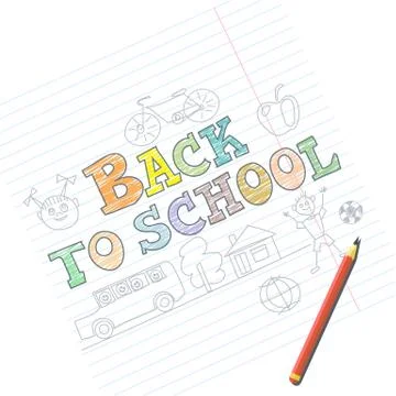 Welcome back to school card with kid sketches on notebook. Digital vector ima Stock Illustration