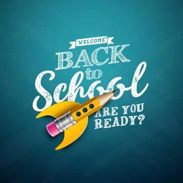Welcome Back to School Design with Flying Rocket Pencil and Typography Letter Illustrazione stock