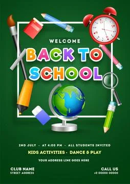 Welcome Back To School Flyer with Global Stand, Supplies Elements on Green .. イラスト素材