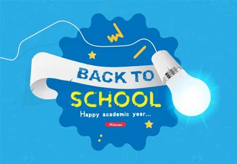 Welcome Back to school. Horizontal Banner with ribbon and set of doodle icons イラスト素材