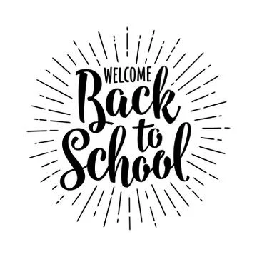 Welcome Back to School lettering with rays. Vector engraving Illustrazione stock