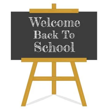 Welcome back to school message Blackboard on a wooden easel, black chalkboard Stock Illustration