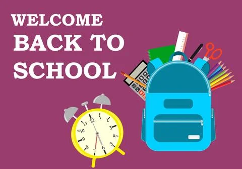Welcome Back to School Poster with Blue Backpack Yellow Alarm Clock Stock Illustration