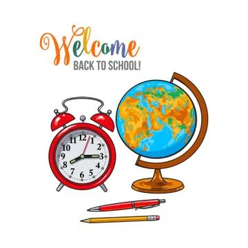 Welcome back to school poster with clock, globe, pen, pencil Stock Illustration