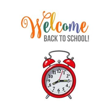 Welcome back to school poster design with red alarm clock Stock Illustration