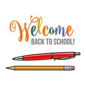 Welcome back to school poster design with pen and pencil Stock Illustration