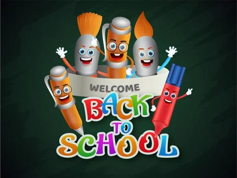 Welcome Back to School Poster Design with Funny Characters of Stationery El.. イラスト素材