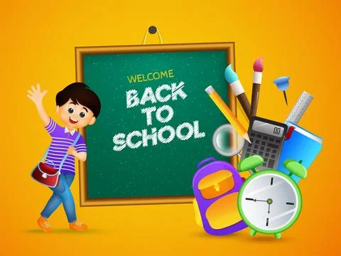 Welcome Back to School Poster Design with Cartoon Student Boy Character and.. イラスト素材
