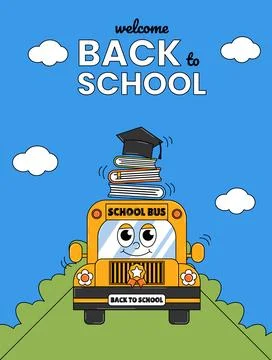 Welcome Back to school retro cute character. Funny school bus with books an.. Stock Illustration