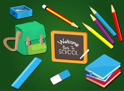 Welcome back to school with school supplies set, vector illustration. Stock Illustration